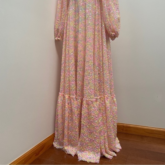 Selkie- Rainbow Sequin Princess Gown Size XS 3/4 Sleeve Sweetheart Maxi Dress - Picture 8 of 16